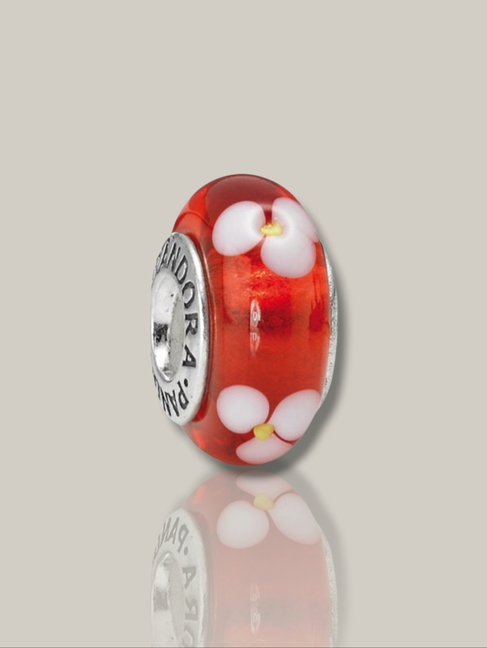 PANDORA Sterling Silver Red Murano Glass Flowers Bead Charm Retired